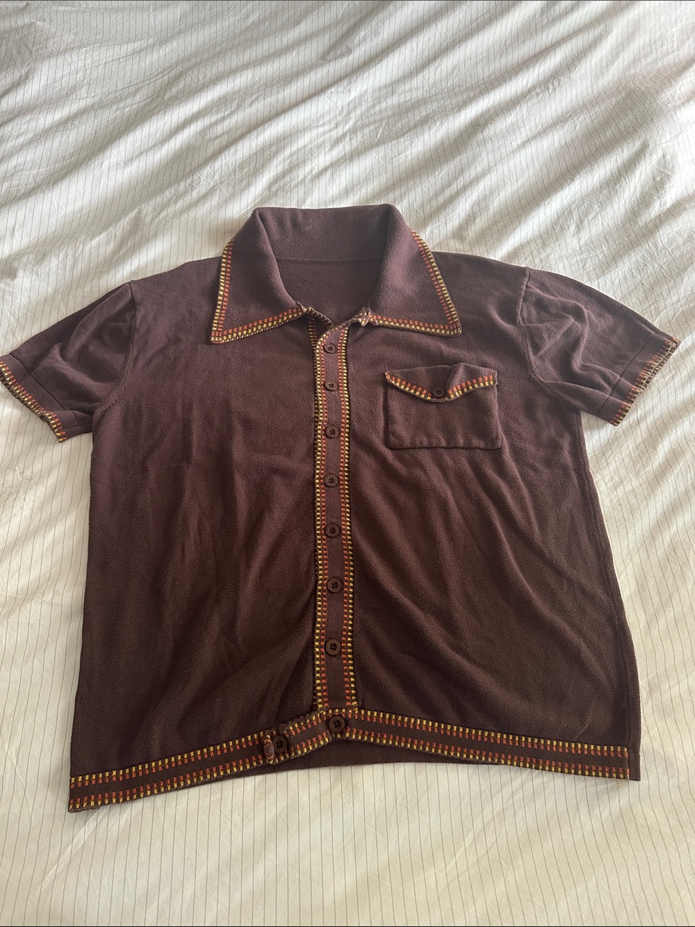 Vintage 70’s Striped Dagger Collar Thick Woven Resort Shirt Hong Kong Co Buttons
